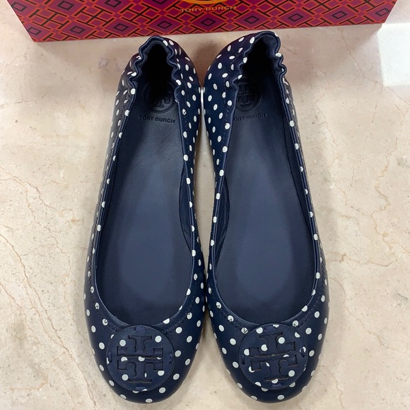 TORY BURCH NAPPA LEATHER TRAVEL BALLET FLATS CLASSIC NAVY DOTS SIZE 8.5 - Picture 11 of 16